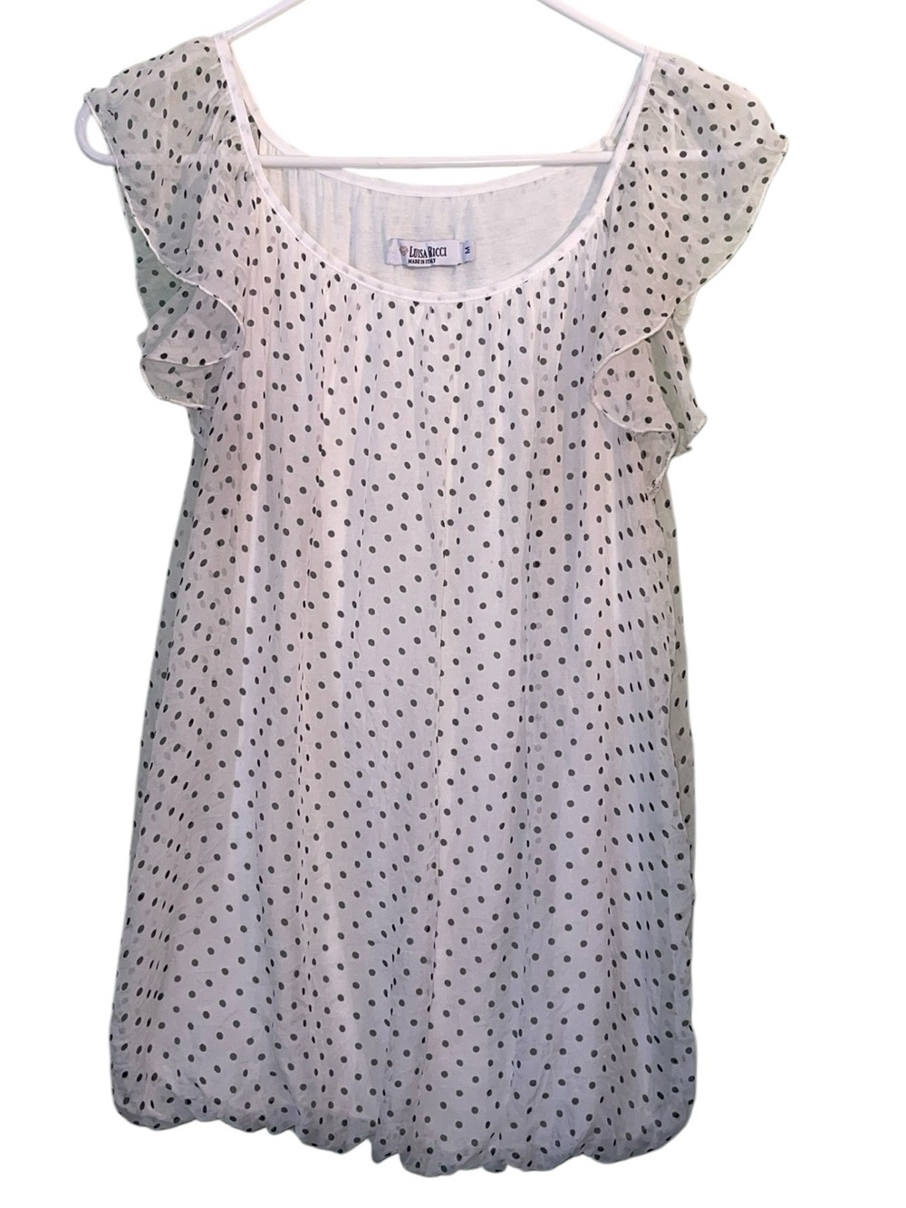 Luisa Ricci Silk Blouse in Ivory Polka Dot Flutter Sleeve & bubble hem. Size med - Picture 4 of 8